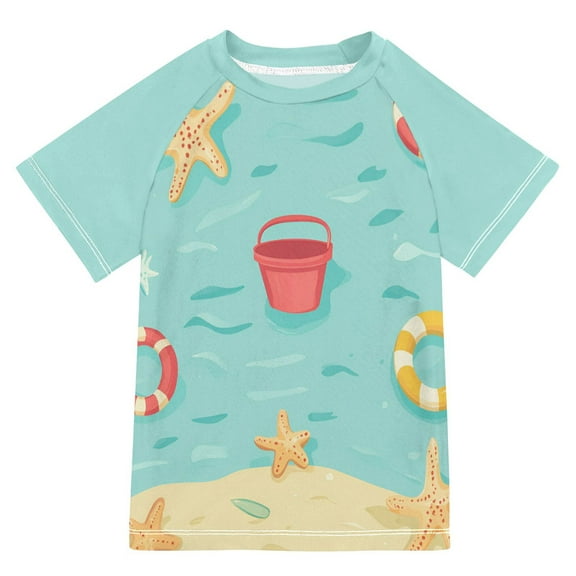 FORMRS Boys Rash Guard with Short Sleeves UPF 50  Swim Shirts Sizes 3-12T, Blue Beach Pattern