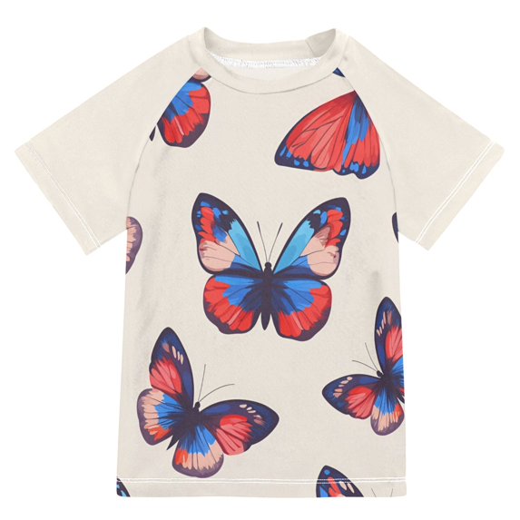FORMRS Boys Rash Guard Short Sleeves Swim Shirt Quick Dry UPF 50+ Sun Protection, Sizes 3-12T, Blue Butterflies
