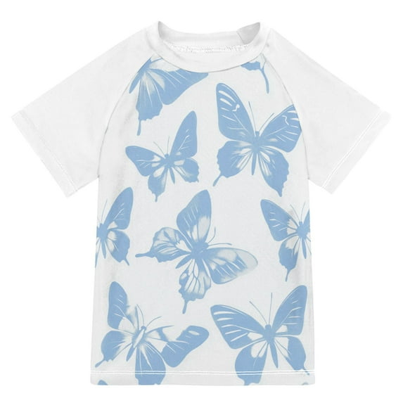 FORMRS Boys Rash Guard with Short Sleeves UPF 50+ Swim Shirts Sizes 3-12T, Blue Butterfly