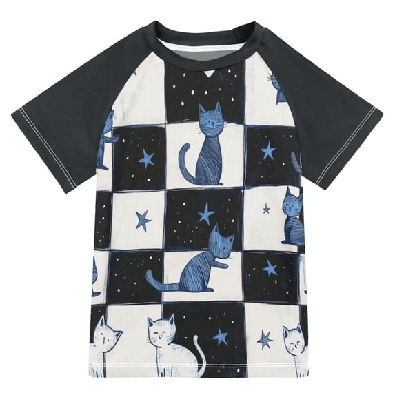 FORMRS Boys Rash Guard Short Sleeves Swim Shirt Quick Dry UPF 50+ Sun Protection, Sizes 3-12T, Blue Cat Stars