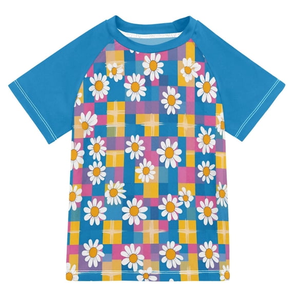 FORMRS Boys Rash Guard Short Sleeves Swim Shirt Quick Dry UPF 50+ Sun Protection, Sizes 3-12T, Blue Checkered Daisy