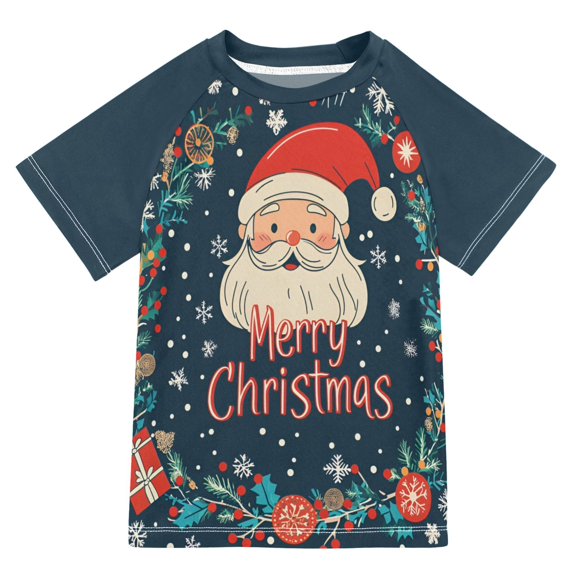 FORMRS Boys Rash Guard Short Sleeves Swim Shirt Quick Dry UPF 50+ Sun Protection, Sizes 3-12T, Blue Christmas Santa