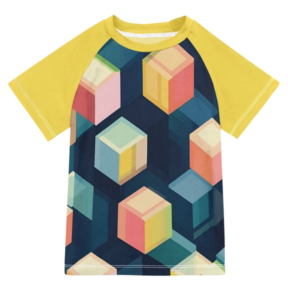 FORMRS Boys Rash Guard with Short Sleeves UPF 50 Swim Shirts Sizes 3-12T, Blue Cubes