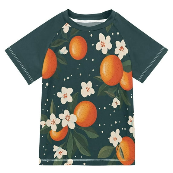 FORMRS Boys Rash Guard with Short Sleeves UPF 50+ Swim Shirts Sizes 3-12T, Blue Floral Oranges
