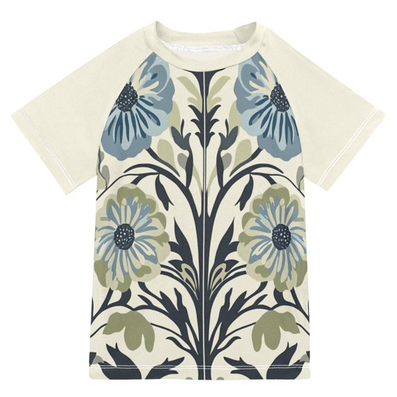 FORMRS Boys Rash Guard Short Sleeves Swim Shirt Quick Dry UPF 50+ Sun Protection, Sizes 3-12T, Blue Floral Pattern