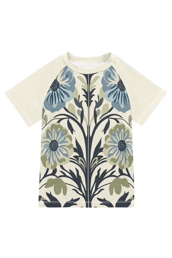 Boys Rash Guard Short Sleeves Swim Shirt Quick Dry UPF 50+ Sun Protection, Sizes 3-12T, Blue Floral Pattern