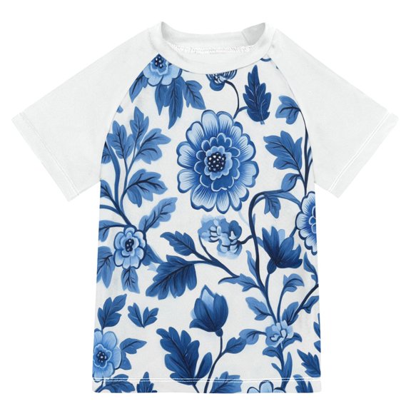 FORMRS Boys Rash Guard with Short Sleeves UPF 50 Swim Shirts Sizes 3-12T, Blue Floral Pattern