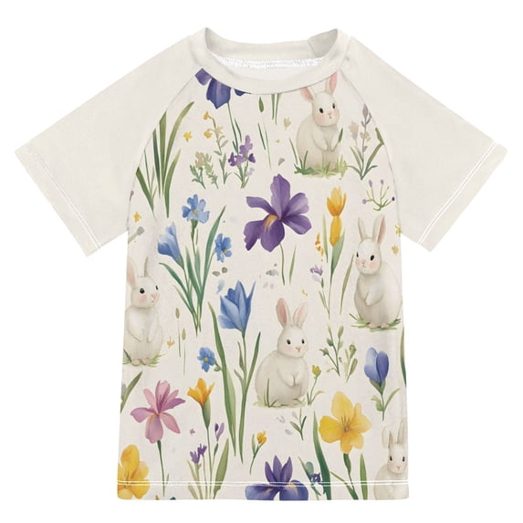 FORMRS Boys Rash Guard Short Sleeves Swim Shirt Quick Dry UPF 50+ Sun Protection, Sizes 3-12T, Blue Floral Rabbit