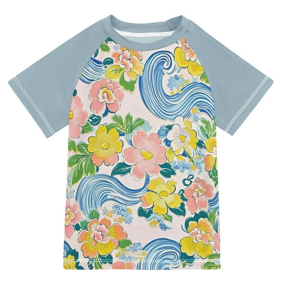 FORMRS Boys Rash Guard with Short Sleeves UPF 50  Swim Shirts Sizes 3-12T, Blue Floral Wave
