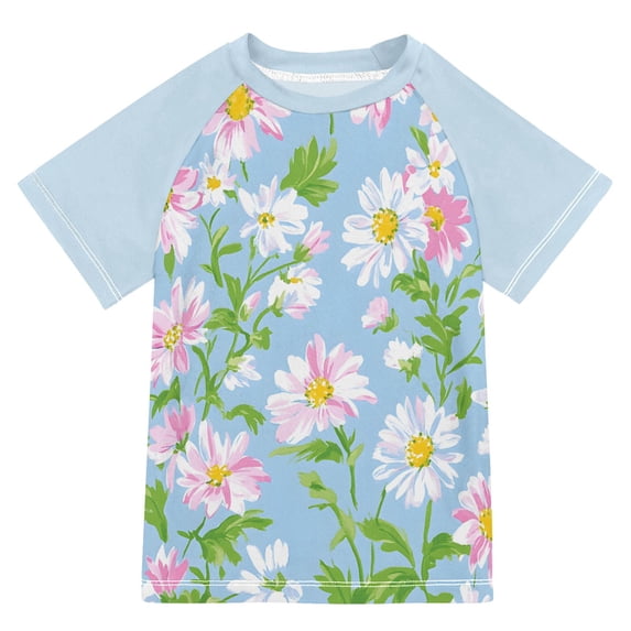 FORMRS Boys Rash Guard Short Sleeves Swim Shirt Quick Dry UPF 50+ Sun Protection, Sizes 3-12T, Blue Floral