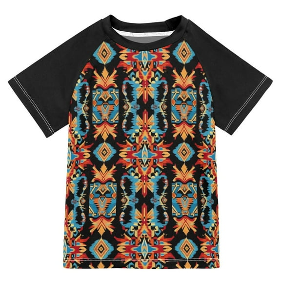 FORMRS Boys Rash Guard with Short Sleeves UPF 50  Swim Shirts Sizes 3-12T, Blue Geometric