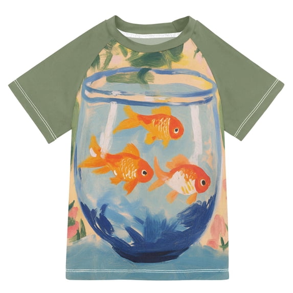 FORMRS Boys Rash Guard Short Sleeves Swim Shirt Quick Dry UPF 50+ Sun Protection, Sizes 3-12T, Blue Goldfish Bowl