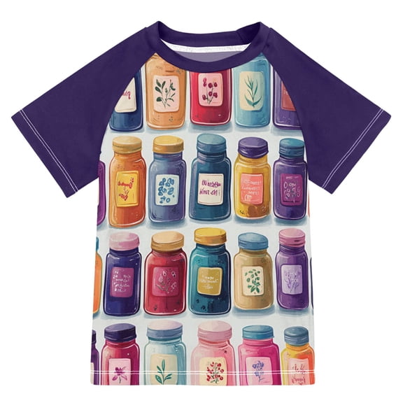 FORMRS Boys Rash Guard with Short Sleeves UPF 50  Swim Shirts Sizes 3-12T, Blue Jam Jars