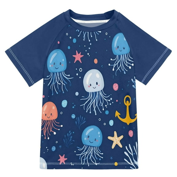 FORMRS Boys Rash Guard with Short Sleeves UPF 50+ Swim Shirts Sizes 3-12T, Blue Jellyfish