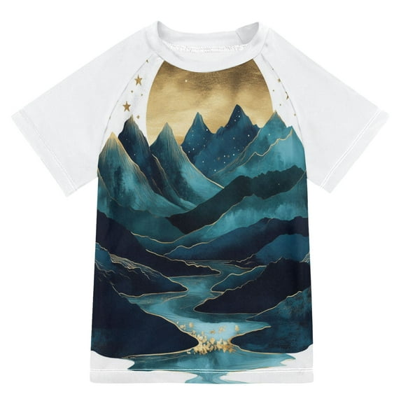 FORMRS Boys Rash Guard Short Sleeves Swim Shirt Quick Dry UPF 50+ Sun Protection, Sizes 3-12T, Blue Mountains