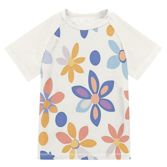 FORMRS Boys Rash Guard with Short Sleeves UPF 50  Swim Shirts Sizes 3-12T, Blue Retro Flower