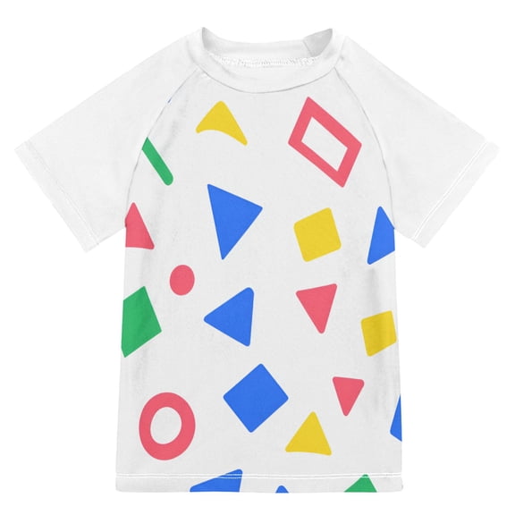 FORMRS Boys Rash Guard with Short Sleeves UPF 50  Swim Shirts Sizes 3-12T, Blue Retro Triangles