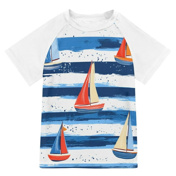 FORMRS Boys Rash Guard with Short Sleeves UPF 50+ Swim Shirts Sizes 3-12T, Blue Sailboats