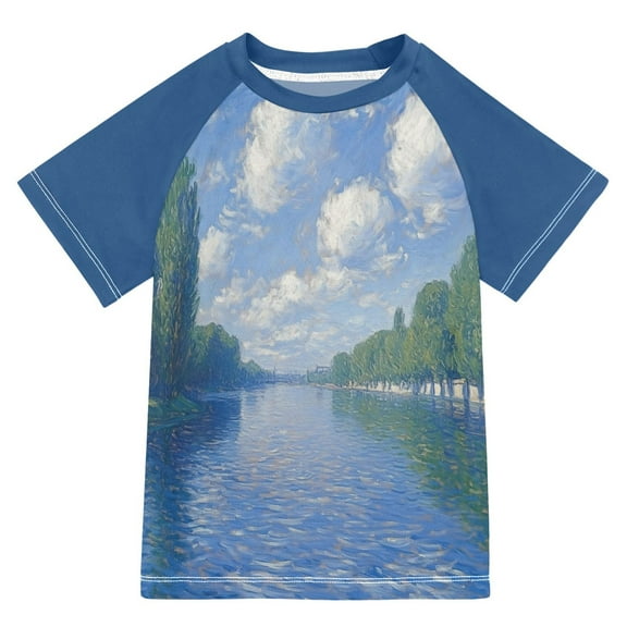 FORMRS Boys Rash Guard with Short Sleeves UPF 50+ Swim Shirts Sizes 3-12T, Blue Sky and River