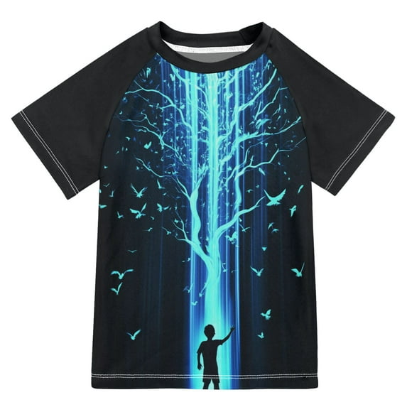 FORMRS Boys Rash Guard with Short Sleeves UPF 50+ Swim Shirts Sizes 3-12T, Blue Tree