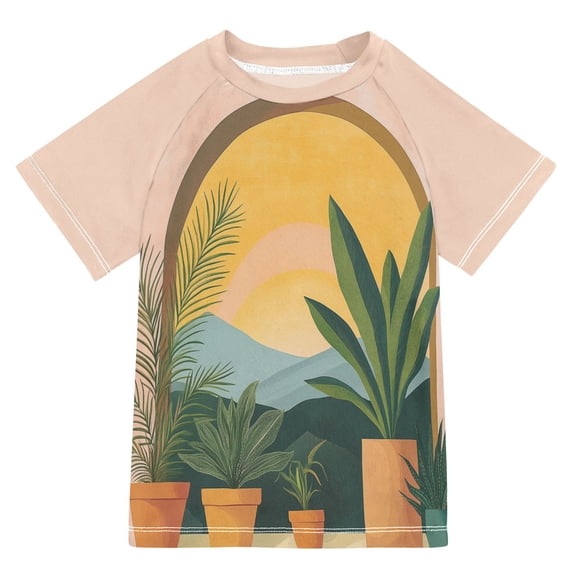 FORMRS Boys Rash Guard Short Sleeves Swim Shirt Quick Dry UPF 50+ Sun Protection, Sizes 3-12T, Boho Plants