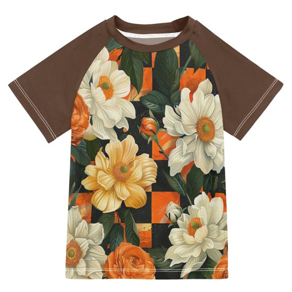 FORMRS Boys Rash Guard with Short Sleeves UPF 50  Swim Shirts Sizes 3-12T, Bright Floral