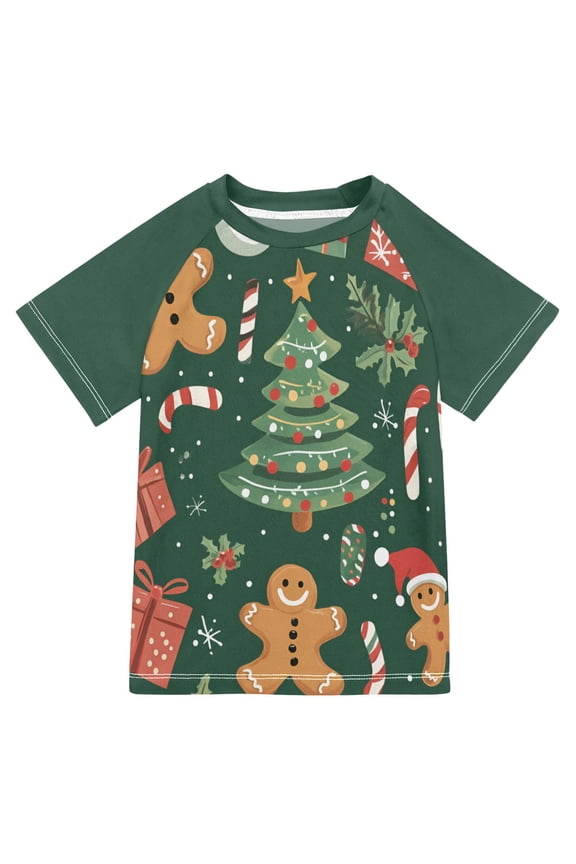 Boys Rash Guard with Short Sleeves UPF 50+ Swim Shirts Sizes 3-12T, Brown Christmas Gingerbread