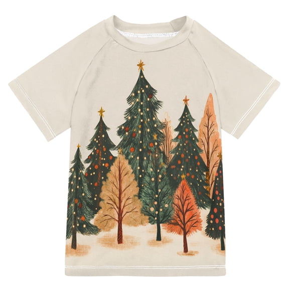 FORMRS Boys Rash Guard with Short Sleeves UPF 50 Swim Shirts Sizes 3-12T, Brown Christmas Trees