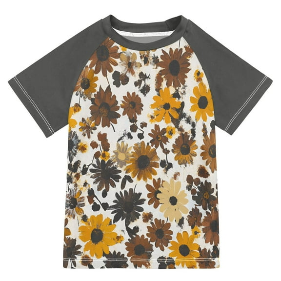 FORMRS Boys Rash Guard with Short Sleeves UPF 50 Swim Shirts Sizes 3-12T, Brown Flowers