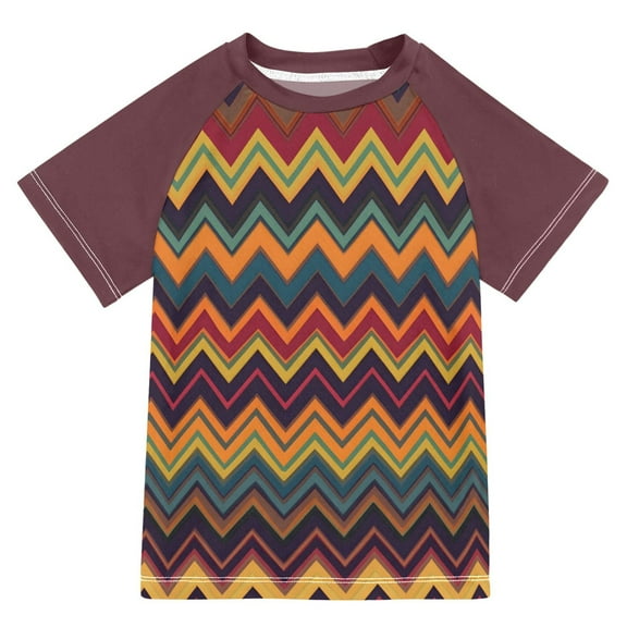 FORMRS Boys Rash Guard with Short Sleeves UPF 50 Swim Shirts Sizes 3-12T, Brown Geometric