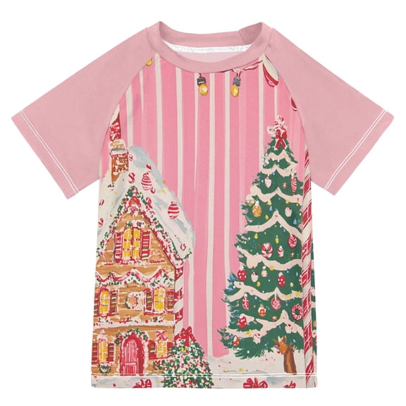 FORMRS Boys Rash Guard with Short Sleeves UPF 50+ Swim Shirts Sizes 3-12T, Brown Gingerbread House