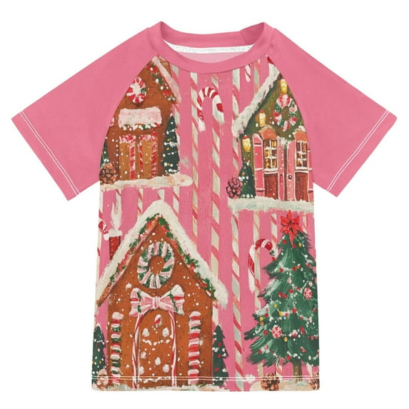 FORMRS Boys Rash Guard with Short Sleeves UPF 50+ Swim Shirts Sizes 3-12T, Brown Gingerbread Houses