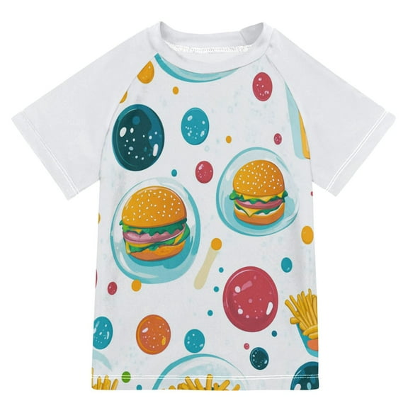 FORMRS Boys Rash Guard with Short Sleeves UPF 50 Swim Shirts Sizes 3-12T, Bubbles Hamburger