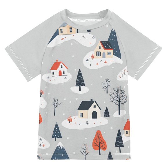 FORMRS Boys Rash Guard with Short Sleeves UPF 50 Swim Shirts Sizes 3-12T, Cartoon Blue Houses