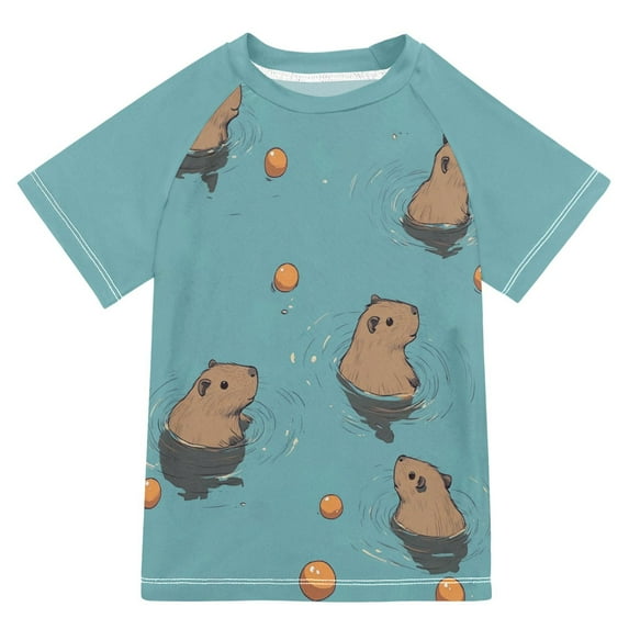 FORMRS Boys Rash Guard with Short Sleeves UPF 50+ Swim Shirts Sizes 3-12T, Cartoon Capybaras