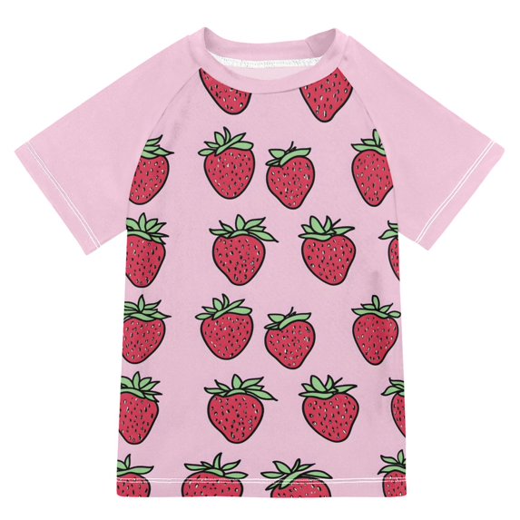 FORMRS Boys Rash Guard Short Sleeves Swim Shirt Quick Dry UPF 50+ Sun Protection, Sizes 3-12T, Cartoon Strawberry