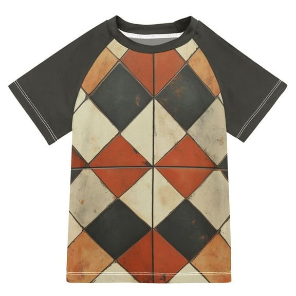 FORMRS Boys Rash Guard with Short Sleeves UPF 50  Swim Shirts Sizes 3-12T, Checkered Pattern