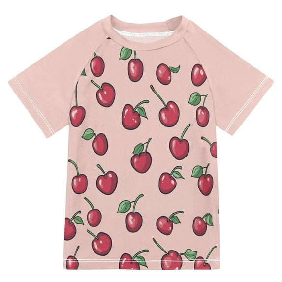 FORMRS Boys Rash Guard with Short Sleeves UPF 50+ Swim Shirts Sizes 3-12T, Cherries Pattern