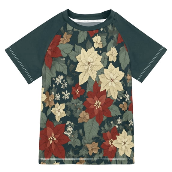 FORMRS Boys Rash Guard Short Sleeves Swim Shirt Quick Dry UPF 50+ Sun Protection, Sizes 3-12T, Christmas Blooms