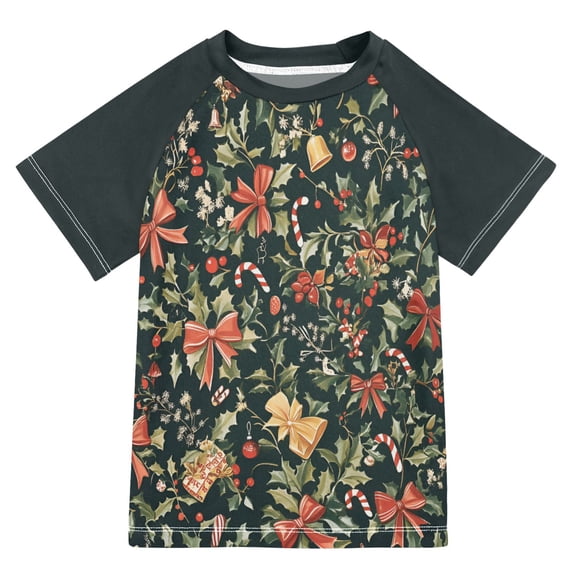 FORMRS Boys Rash Guard Short Sleeves Swim Shirt Quick Dry UPF 50+ Sun Protection, Sizes 3-12T, Christmas Bows