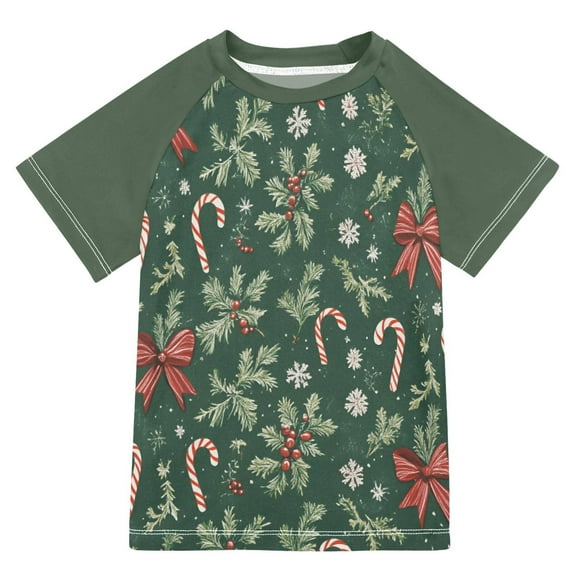 FORMRS Boys Rash Guard with Short Sleeves UPF 50  Swim Shirts Sizes 3-12T, Christmas Candy Cane