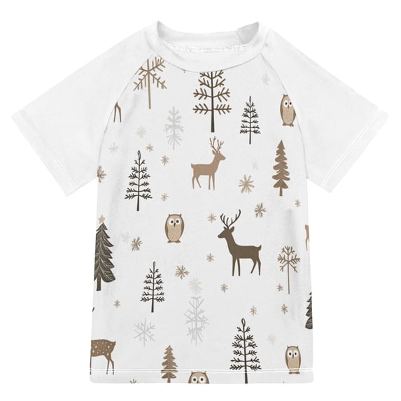 FORMRS Boys Rash Guard Short Sleeves Swim Shirt Quick Dry UPF 50+ Sun Protection, Sizes 3-12T, Christmas Forest