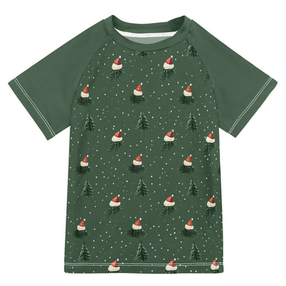 FORMRS Boys Rash Guard Short Sleeves Swim Shirt Quick Dry UPF 50+ Sun Protection, Sizes 3-12T, Christmas Forest