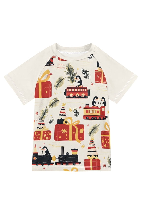 Boys Rash Guard with Short Sleeves UPF 50+ Swim Shirts Sizes 3-12T, Christmas Gift Train