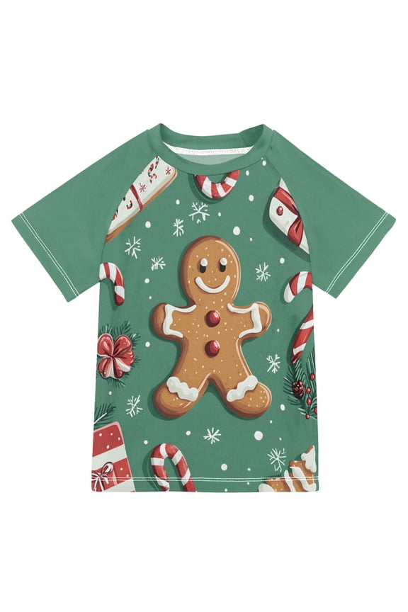 Boys Rash Guard Short Sleeves Swim Shirt Quick Dry UPF 50+ Sun Protection, Sizes 3-12T, Christmas Gingerbread