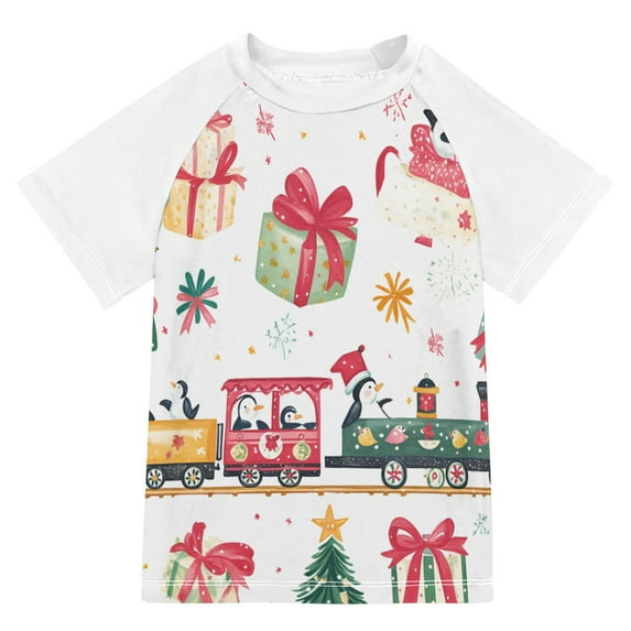 FORMRS Boys Rash Guard with Short Sleeves UPF 50+ Swim Shirts Sizes 3-12T, Christmas Penguin
