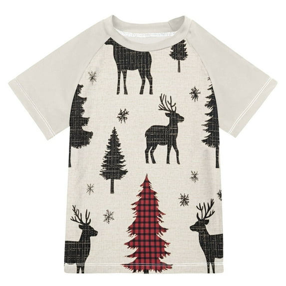 FORMRS Boys Rash Guard with Short Sleeves UPF 50+ Swim Shirts Sizes 3-12T, Christmas Plaid Forest