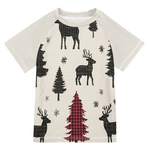 FORMRS Boys Rash Guard with Short Sleeves UPF 50+ Swim Shirts Sizes 3-12T, Christmas Plaid Forest