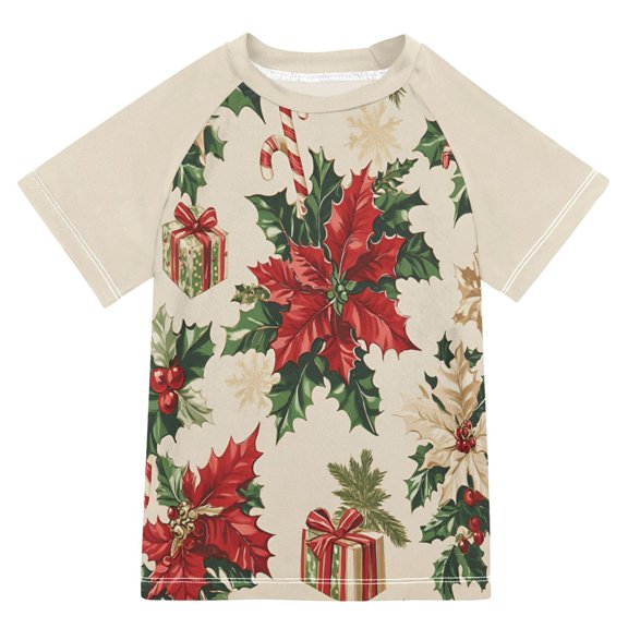FORMRS Boys Rash Guard with Short Sleeves UPF 50  Swim Shirts Sizes 3-12T, Christmas Poinsettia