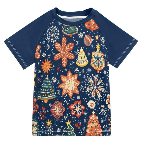 FORMRS Boys Rash Guard with Short Sleeves UPF 50+ Swim Shirts Sizes 3-12T, Christmas Splendor